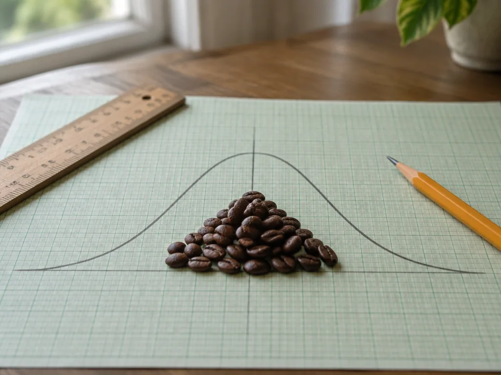 Handritad klockformad normalfördelningskurva på grönt rutpapper med en hög kaffebönor i mitten, bredvid en linjal och en blyertspenna